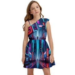 City People Cyberpunk Kids  One Shoulder Party Dress