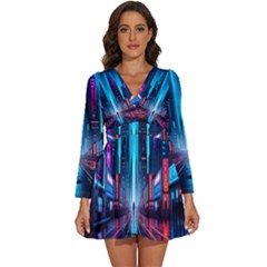 City People Cyberpunk Long Sleeve V-Neck Chiffon Dress 