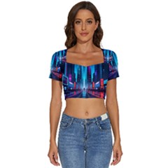 City People Cyberpunk Short Sleeve Square Neckline Crop Top 