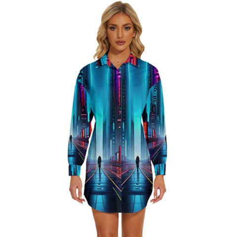 City People Cyberpunk Womens Long Sleeve Shirt Dress by Jancukart