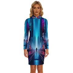 City People Cyberpunk Long Sleeve Shirt Collar Bodycon Dress