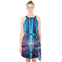 City People Cyberpunk Halter Collar Waist Tie Chiffon Dress by Jancukart