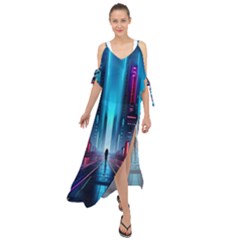 City People Cyberpunk Maxi Chiffon Cover Up Dress by Jancukart