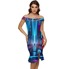 City People Cyberpunk Off Shoulder Ruffle Split Hem Bodycon Dress by Jancukart