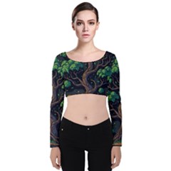 Tree Nature Cartoon Drawing Comic Velvet Long Sleeve Crop Top