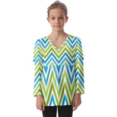 Green Chevron Kids  V Neck Casual Top by GardenOfOphir