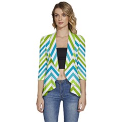 Green Chevron Women s 3/4 Sleeve Ruffle Edge Open Front Jacket by GardenOfOphir