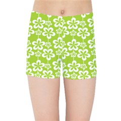 Lime Green Flowers Pattern Kids  Sports Shorts by GardenOfOphir