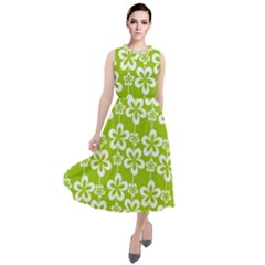 Lime Green Flowers Pattern Round Neck Boho Dress by GardenOfOphir