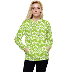 Lime Green Flowers Pattern Women s Lightweight Drawstring Hoodie