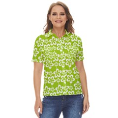 Lime Green Flowers Pattern Women s Short Sleeve Double Pocket Shirt