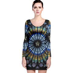 Mandala Floral Rose Window Strasbourg Cathedral France Long Sleeve Velvet Bodycon Dress by Semog4