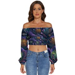 Ai Generated Succulents Flowers Long Sleeve Crinkled Weave Crop Top