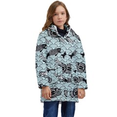 Fish Koi Ocean Sea Oriental Waves Kid s Hooded Longline Puffer Jacket by Semog4