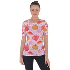 Pumpkin Tea Cup Pie Dessert Shoulder Cut Out Short Sleeve Top