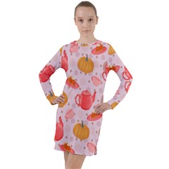 Pumpkin Tea Cup Pie Dessert Long Sleeve Hoodie Dress by Semog4
