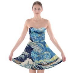 Starry Night Hokusai Vincent Van Gogh The Great Wave Off Kanagawa Strapless Bra Top Dress by Semog4