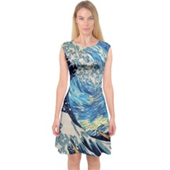 Starry Night Hokusai Vincent Van Gogh The Great Wave Off Kanagawa Capsleeve Midi Dress by Semog4