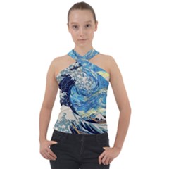 Starry Night Hokusai Vincent Van Gogh The Great Wave Off Kanagawa Cross Neck Velour Top by Semog4