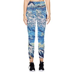 Starry Night Hokusai Vincent Van Gogh The Great Wave Off Kanagawa Pocket Leggings  by Semog4