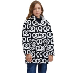 Black And White Pretzel Illustrations Pattern Kid s Hooded Longline Puffer Jacket by GardenOfOphir