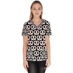 Black And White Pretzel Illustrations Pattern Women s V-neck Scrub Top by GardenOfOphir