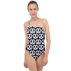 Black And White Pretzel Illustrations Pattern Classic One Shoulder Swimsuit by GardenOfOphir