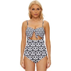 Gray Pretzel Illustrations Pattern Knot Front One-piece Swimsuit by GardenOfOphir