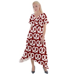 Red Pretzel Illustrations Pattern Cross Front Sharkbite Hem Maxi Dress by GardenOfOphir