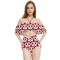 Red Pretzel Illustrations Pattern Halter Flowy Bikini Set  by GardenOfOphir