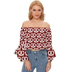 Red Pretzel Illustrations Pattern Off Shoulder Flutter Bell Sleeve Top by GardenOfOphir