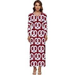 Red Pretzel Illustrations Pattern Long Sleeve Longline Maxi Dress by GardenOfOphir