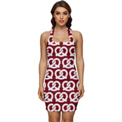 Red Pretzel Illustrations Pattern Sleeveless Wide Square Neckline Ruched Bodycon Dress by GardenOfOphir