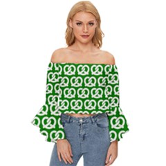 Green Pretzel Illustrations Pattern Off Shoulder Flutter Bell Sleeve Top by GardenOfOphir