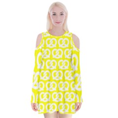 Yellow Pretzel Illustrations Pattern Velvet Long Sleeve Shoulder Cutout Dress by GardenOfOphir