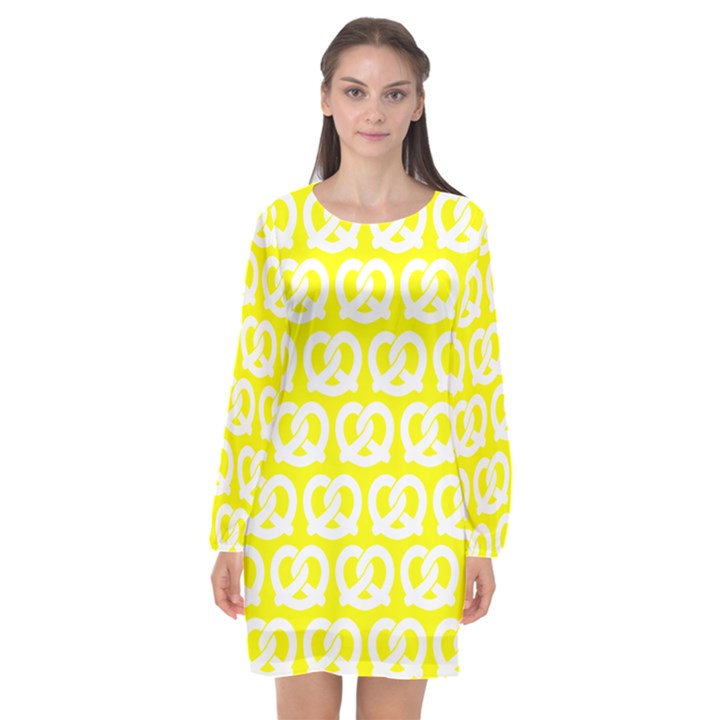 Yellow Pretzel Illustrations Pattern Long Sleeve Chiffon Shift Dress 