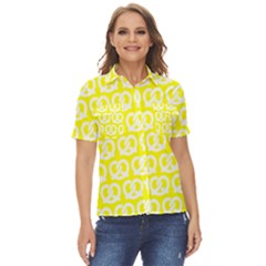Yellow Pretzel Illustrations Pattern Women s Short Sleeve Double Pocket Shirt