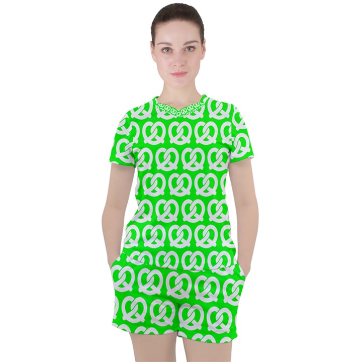 Neon Green Pretzel Illustrations Pattern Women s Tee and Shorts Set