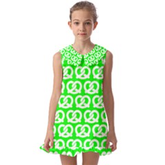 Neon Green Pretzel Illustrations Pattern Kids  Pilgrim Collar Ruffle Hem Dress by GardenOfOphir