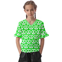 Neon Green Pretzel Illustrations Pattern Kids  V-neck Horn Sleeve Blouse by GardenOfOphir