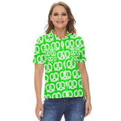Neon Green Pretzel Illustrations Pattern Women s Short Sleeve Double Pocket Shirt