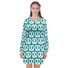 Teal Pretzel Illustrations Pattern Long Sleeve Chiffon Shift Dress 