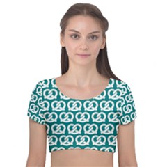 Teal Pretzel Illustrations Pattern Velvet Short Sleeve Crop Top 