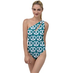 Teal Pretzel Illustrations Pattern To One Side Swimsuit by GardenOfOphir