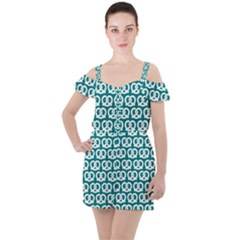 Teal Pretzel Illustrations Pattern Ruffle Cut Out Chiffon Playsuit