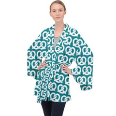 Teal Pretzel Illustrations Pattern Long Sleeve Velvet Kimono 