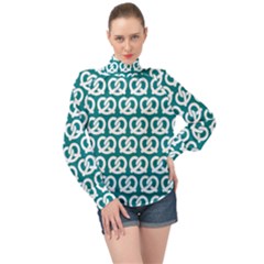 Teal Pretzel Illustrations Pattern High Neck Long Sleeve Chiffon Top