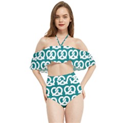 Teal Pretzel Illustrations Pattern Halter Flowy Bikini Set 