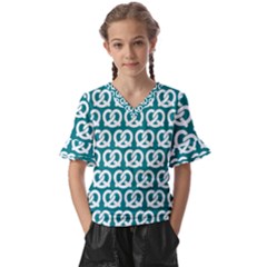 Teal Pretzel Illustrations Pattern Kids  V-neck Horn Sleeve Blouse by GardenOfOphir