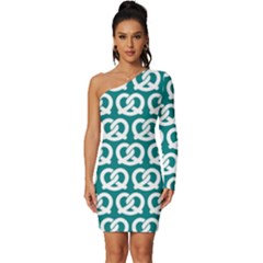 Teal Pretzel Illustrations Pattern Long Sleeve One Shoulder Mini Dress